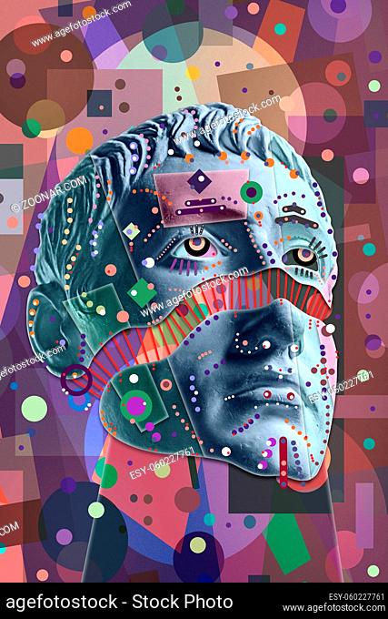 Collage with sculpture of human face in a pop art style. Modern creative concept image with ancient statue head. Zine culture. Contemporary art poster