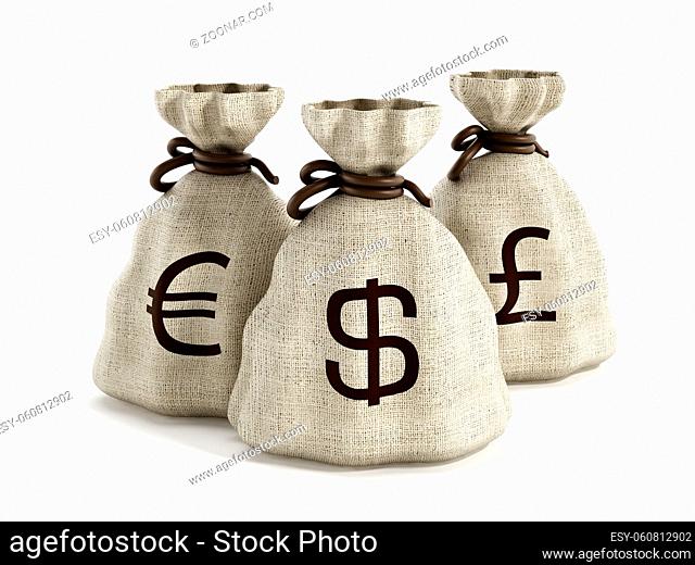 Money bags and coins isolated on white background