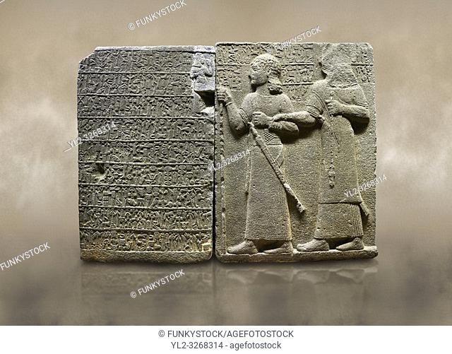 Photo of Hittite monumental relief sculpted orthostat stone panel of Royal Buttress. Basalt, KarkamÄ±s, (KargamÄ±s), Carchemish (Karkemish), 900-700 B