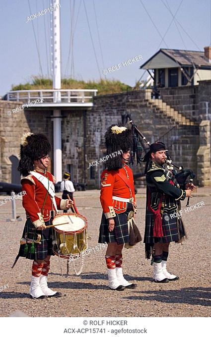Dummer, Officer, and Bagpiper watching the Rifle and Bayonet demonstration at the Halifax Citadel National Historic Site, Halifax, Halifax Metro, Nova Scotia