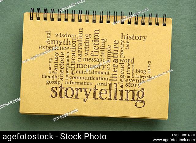 story and storytelling word cloud in a spiral sketchbook, culture, communication, entertainment, and education concept