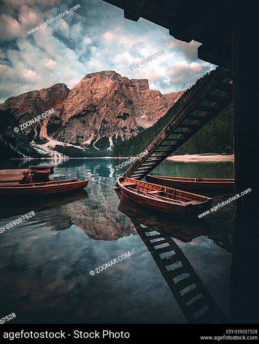 Amazing view of Lago di Braies (Pragser Wildsee), most beautiful lake in South Tirol, Dolomites mountains, Italy. Popular tourist attraction