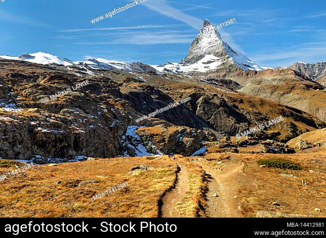 Hiking trail on Gornergrat on Matterhorn (4478m), Swiss Alps, Valais, Switzerland