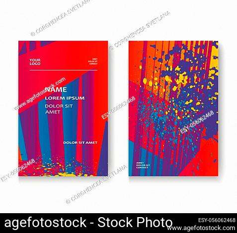 Artistic cover frame design paint splatter set vector illustration. Neon blurred red blue color gradient.Abstract texture geometric striped pattern trend...