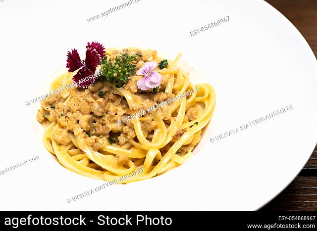 Spaghetti Cabonara pasta meat sauce with cream parmesan cheese, gourmet italian and mesiterranean cuisine recipe for food and drink industry concept