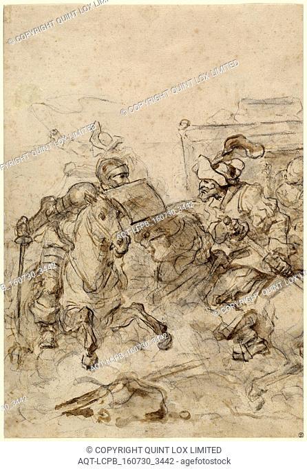 Jean-HonorÃ© Fragonard, Don Quixote Attacking the Biscayan, French, 1732 - 1806, 1780s, brush with brown and gray washes over charcoal on laid paper