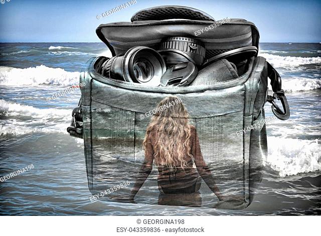 The picture with the double exposure effect, combining the girl, camera in case and seascape