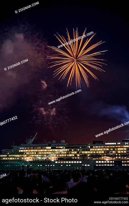 Luxury liner and fireworks (Yokohama Sparkling Twilight). Shooting Location: Yokohama-city kanagawa prefecture