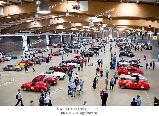Exhibition hall, exhibition, classic cars, race cars, Mille Miglia car race, Brescia, Lombardy, Italy