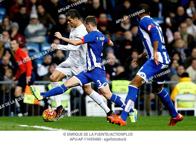 2016 La Liga Football Real Madrid v Deportivo de la Coruna Jan 9th. 09.01.2016. Madrid, Spain. Fernando Navarro (3) Deportivo de la Corunaand Cristiano Ronaldo...
