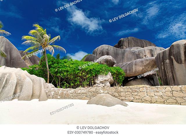 travel, seascape and nature concept - island beach in indian ocean on seychelles