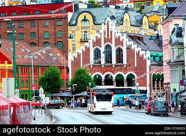Bergen, Norway - July 30, 2018: City street view with people and colorful traditional houses