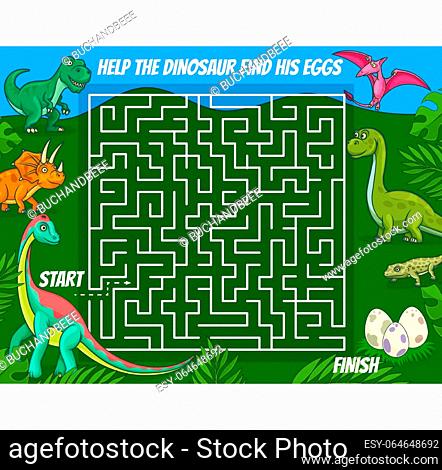 Labyrinth maze, kids riddle with cartoon dinosaurs. Find right way logical game, children educational puzzles book page template with cute horned and flying...