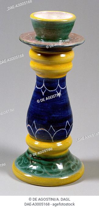 Green, yellow and blue candelabra with graphite decoration, ceramic, 19 cm, Ceramiche Artistiche Emanion manufacture, Palermo. Italy, 20th century