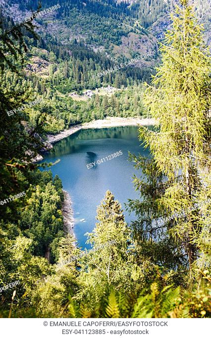 alpine lake in the mountains in the woods seen from above, Valle Antrona, Piedmont Italy