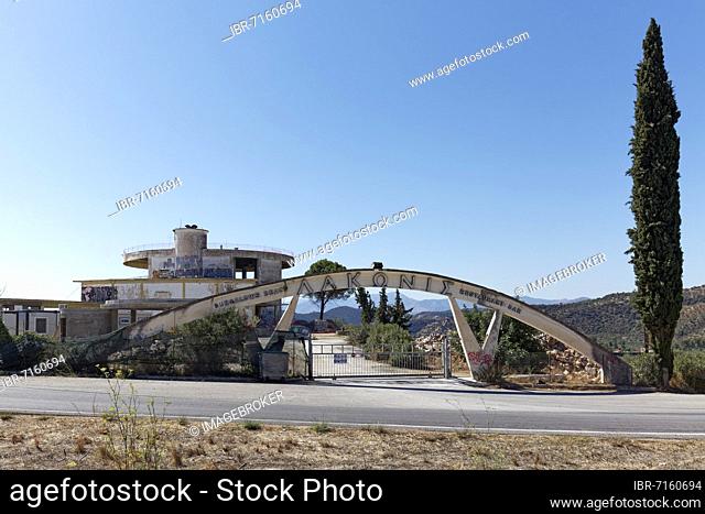 Ruined building, abandoned hotel complex on the Laconian Gulf, Gythio, Laconia, Peloponnese, Greece, Europe
