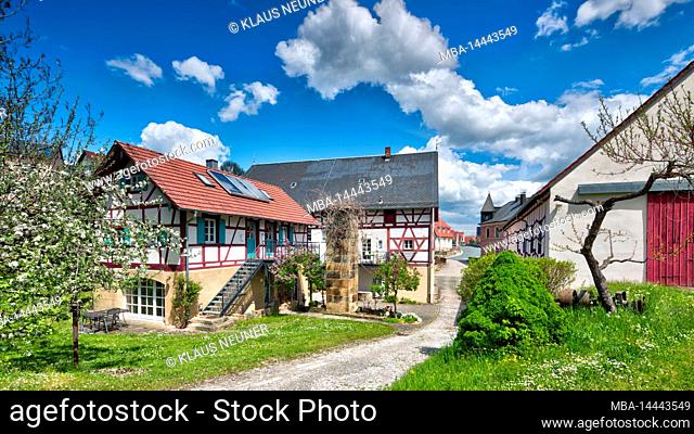 Upper mill, garden, half-timbered house, house facade, architecture, village view, Baunach, Franconia, Germany, Europe