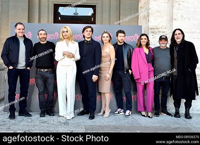 In the photo the directors Antonio Manetti and Marco Manetti, the Manetti Bros, and the cast with Valerio Mastandrea, Miriam Leone, Luca Marinelli
