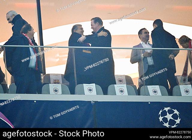 Barca's president Joan Laporta and Antwerp owner Paul Gheysens pictured before a game between Belgian soccer team Royal Antwerp FC and Spanish club FC Barcelona