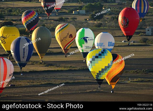 Hot air balloons in flight participating in the XXI FAI Europeans hot air balloon championship 2019, Spain, Balearic Islands, Mallorca