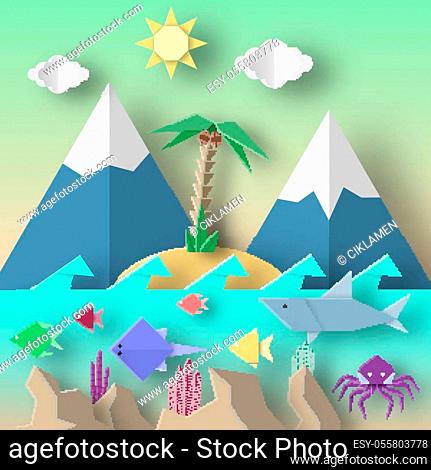 Origami Style Crafted out of Paper with Cut Shark, Stingray, Octopus, Fish, Sun, Sky. Abstract Underwater Life. Template Under the Water Cutout Elements