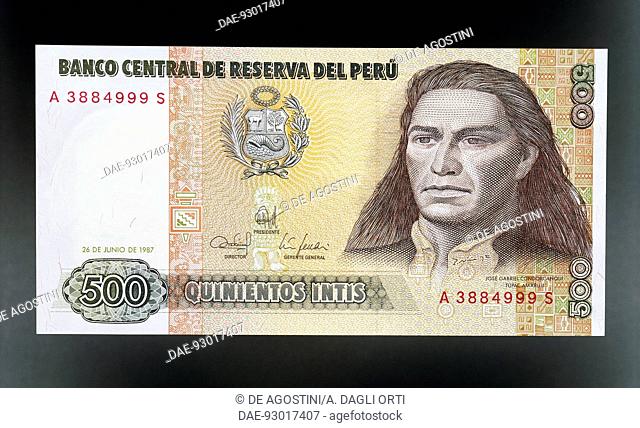 500 intis banknote, 1987, obverse, Jose Gabriel Condorcanqui, detto Tupac Amaru II (1738-1781). Peru, 20th century