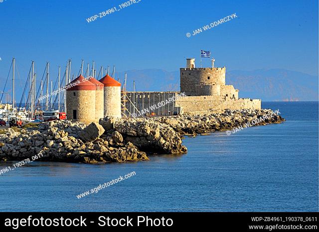 The Castle and old windmills at the enterance to Mandraki harbour