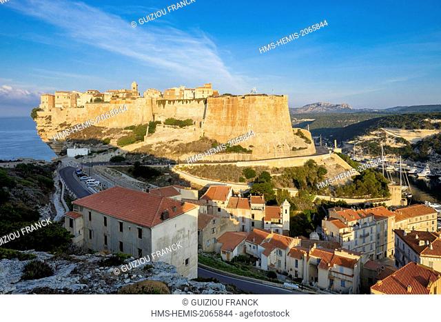 France, Corse-du-Sud, Bonifacio, the old town or Upper Town perched on limestone cliffs more than 60 meters high, Etendard bastion