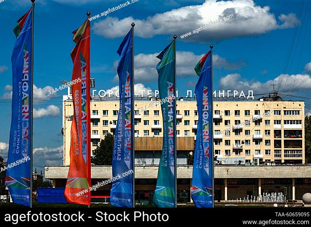 RUSSIA, ST PETERSBURG - JULY 25, 2023: Flags promoting the 2nd Russia-Africa Economic and Humanitarian Forum are pictured in Victory Square