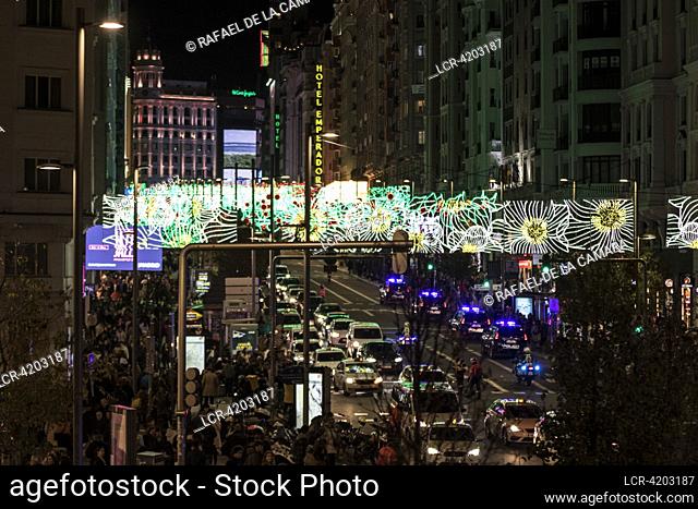 LIGHTING OF THE CHRISTMAS LIGHTING, GRAN VIA STREET MADRID SPAIN