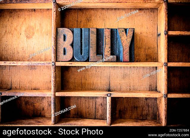 The word BULLY written in vintage wooden letterpress type in a wooden type drawer