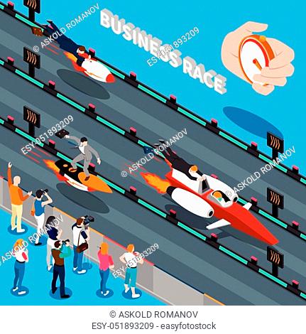 Business race isometric composition with chronometer counting time to reach success of competitive businessmen vector illustration