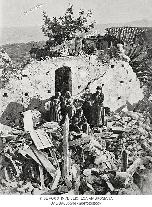 Group of women in the ruins of Ferruzzano, Calabria, after the earthquake on September 23, 1907, Italy, photograph from L'Illustration, No 3376, November 9