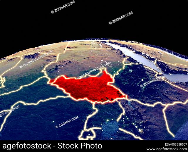 South Sudan from space on planet Earth at night with bright city lights. Detailed plastic planet surface with real mountains. 3D illustration