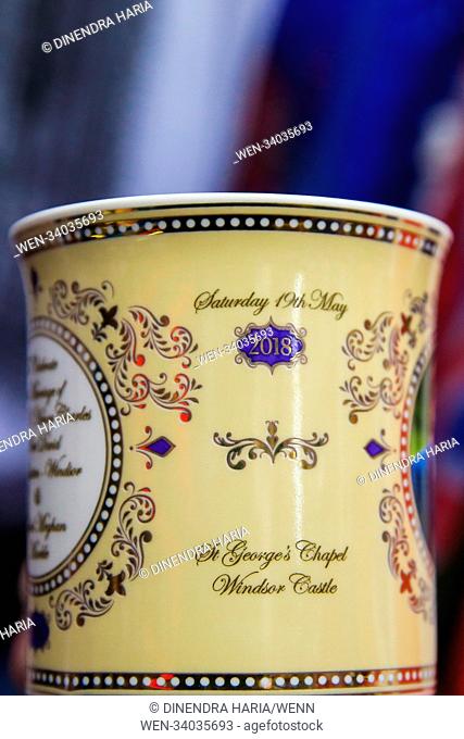 Prince Harry & Meghan Markle Royal Wedding 19th May 2018 commemorative fine china mug on sale in a souvenir shop in Paddington, London