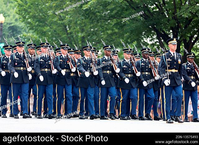 Washington, D.C., USA - July 4, 2018, Members of the US Army carrying rifles marching at the National Independence Day Parade