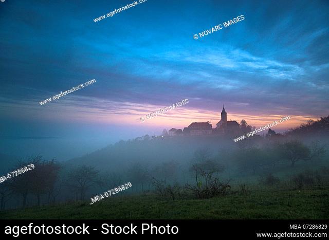 Leuchtenburg in morning mist, Seitenroda, Kahla, Thuringia, Germany