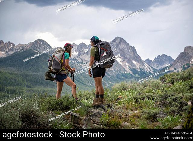 Two women backpacking at Sawtooths Stanley Idaho