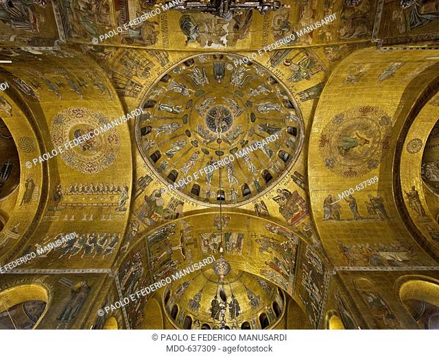 St Marks Basilica, Venice, by Unknown Artist, 10th Century, . Italy, Veneto, Venice, San Marco Basilica. Overall view. Interior church basilica nave domes...