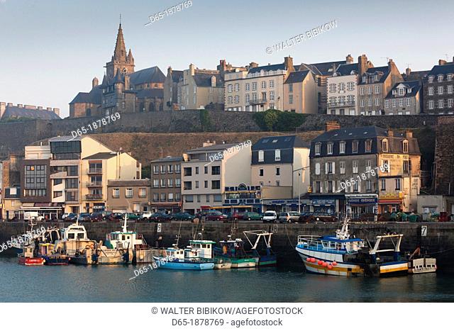 France, Normandy Region, Manche Department, Granville, elevated view of port and Haut Ville, Upper City, morning