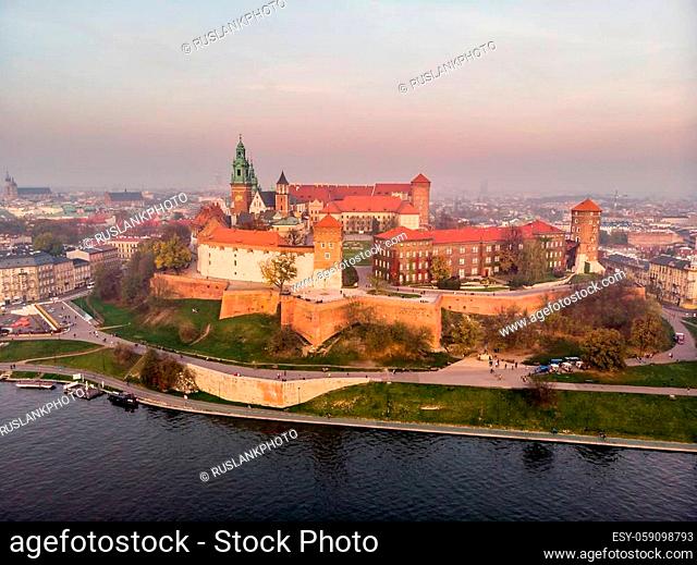 Wawel castle from above, aerial view of old city center view in Krakow at sunset time in Krakow, Poland