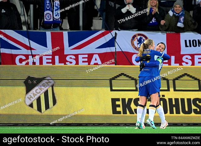 Chelsea's #22 Erin Cuthbert is congratulated for her goal, 1-2, by Samantha Kerr, who scored 0-1, during Wednesday's Champions League football match between BK...