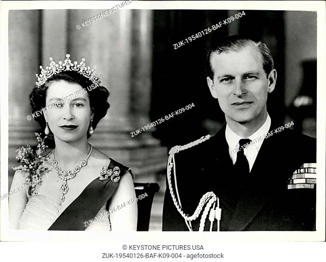 Jan. 26, 1954 - New Royal Command Portrait By Baron Of H.M. Queen Elizabeth And The Duke Of Edinburgh: H.M. The Queen wearing a yellow tulle evening gown...