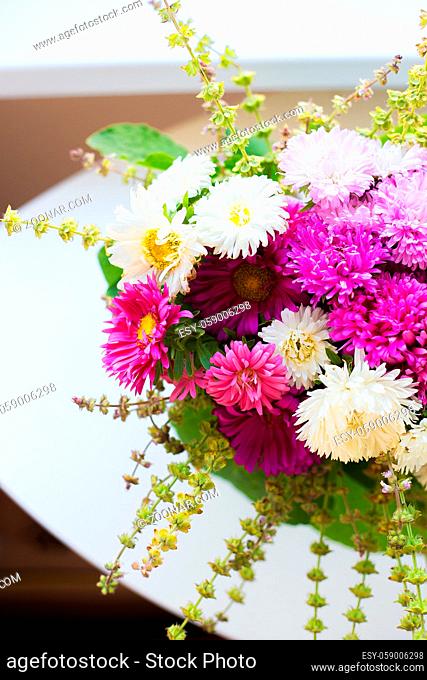 bouquet of white and pink chrysanthemums, close-up