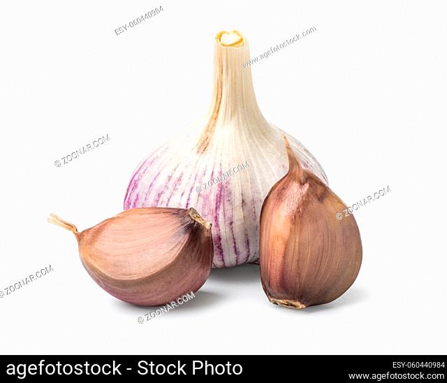Head and cloves of garlic isolated on a white background