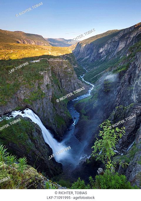 Deep gorge of the river Bjoreio with V°ringsfossen waterfall on the western edge of the Hardangervidda, Voringfossen, Eidfjord, Hordaland, Norway, Scandinavia