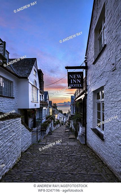 The main street at Clovelly on the North Coast of Devon captured at sunrise in early July