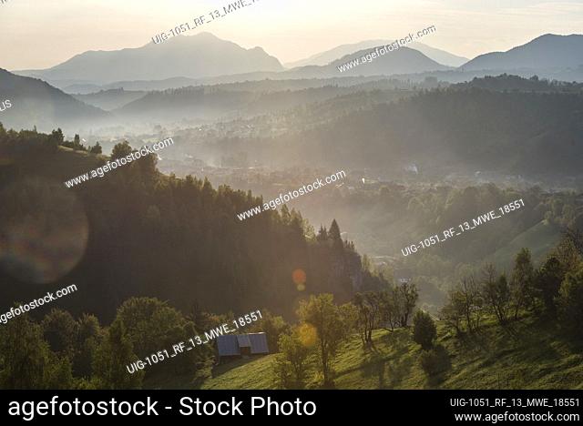 Sunrise in the Carpathian Mountains near Bran Castle at Pestera, Transylvania, Romania