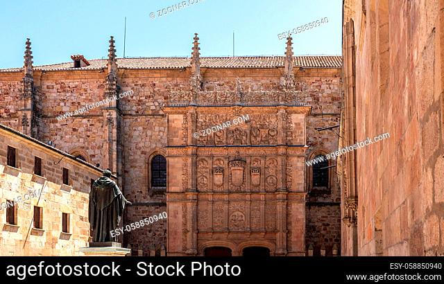 Ornate facade in the plateresque style at the University of Salamanca in Spain