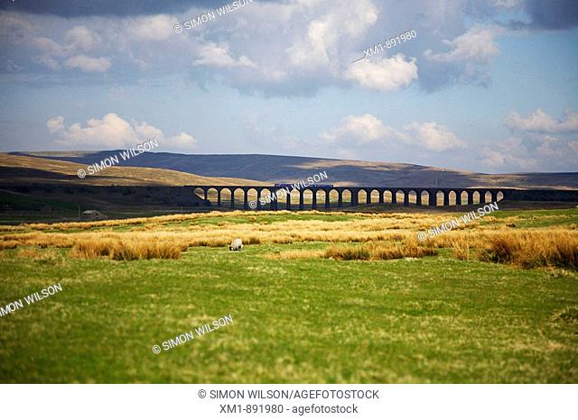 View of train crossing the viaduct on the Settle-Carlisle railway line